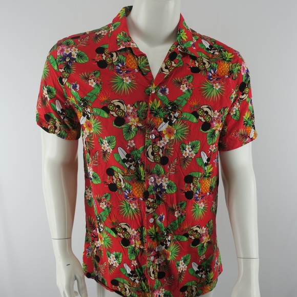 Disney Mickey Mouse Hawaiian Button Up Shirt Mens Large Red - Picture 1 of 8